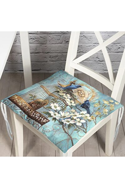 Nish & Royal Mavi Kuş Desen Dijital Baskılı Dekoratif Pofidik Sandalye Minderi