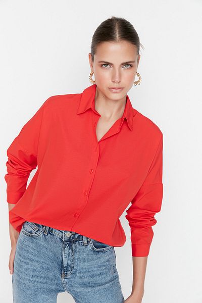 Trendyol Collection Oversize Red Cotton Shirt - Wide Fit, Woven, TWOSS22GO0669