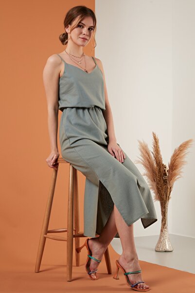 Lela V Yaka Ip Askılı Çift Yırtmaçlı Keten Uzun Elbise Bayan Elbise 6051292