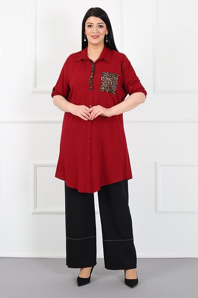 By Alba Collection Women's Burgundy Leopard Pocket Cotton Viscose Large Size Tunic