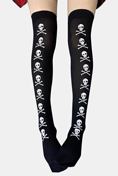 İYİ MODA Plain Black Danger Skull Skull Knee High Socks