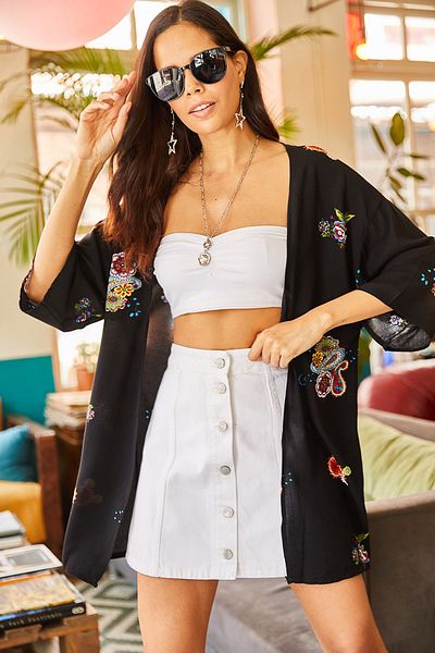 Olalook Schwarzer kleiner Schalrock für Damen Watery Kimono KMN-00000016