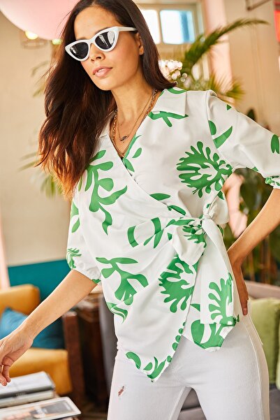 Olalook Γυναικεία λευκή πράσινη πλαϊνή μπλούζα με διπλό στήθος βαμβακερή μπλούζα BLZ-19001930