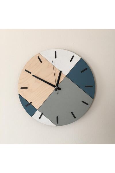 Wooden Geometric Patterned Blue Wall Clock 48x48 Cm