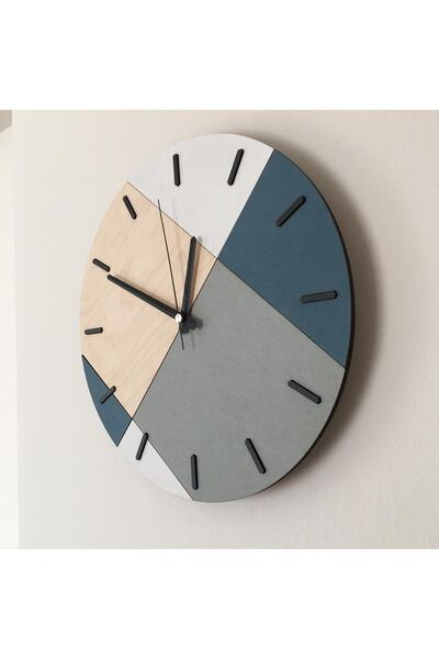 Amorf Design Ahşap Geometrik Desenli Mavi Duvar Saati 48x48 Cm