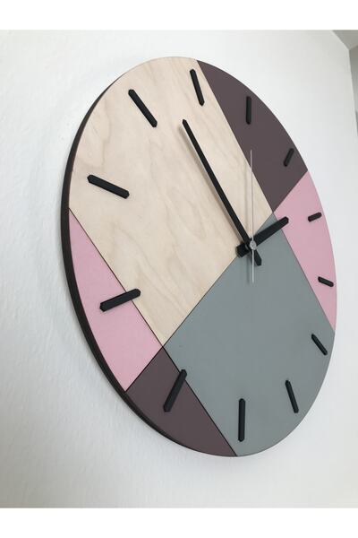 Amorf Design Ahşap Geometrik Desenli Pembe/mürdüm Duvar Saati