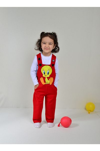 KİDSPİTİRCİK Unisex Children's Red Tweety Printed Salopet Badisiz