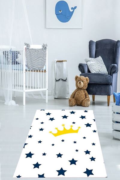 on the clouds Taç Desenli Yıldızlı Halı Dijital Baskı Yıkanabilir Kaymaz Taba...