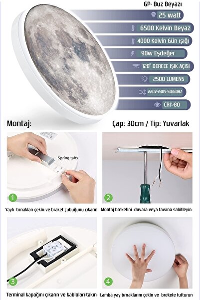 Gökyüzü Panel Moon Led Aplik,30cm Çap, Led 25watt, Modern, Duvar Aplik, Yatak Odası Aplik,salon Aplik Modelleri