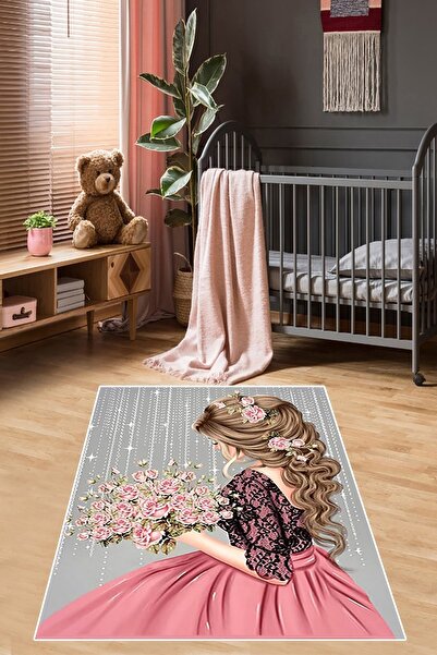 on the clouds Prenses Kız Desenli Çiçekli Halı Dijital Baskı Yıkanabilir Kaym...