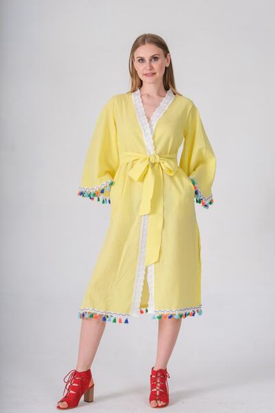 İna Şile Bezi Kumaştan Pamuklu Kimono Dantel Detaylı Uzun Sabahlık Ve Plaj El...