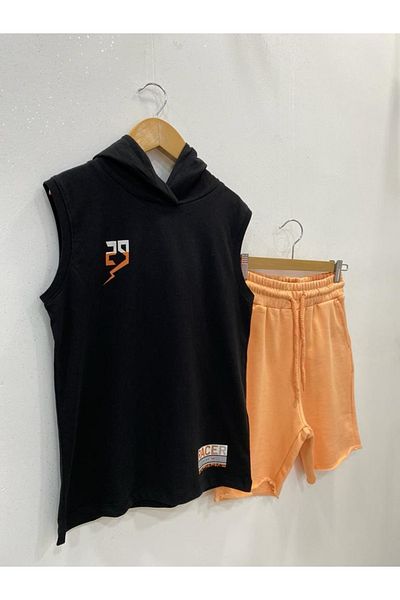 Çikoby Boy's Black Hooded T-Shirt Shorts Set