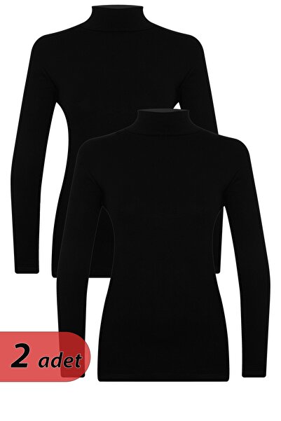 mis-san 2 Adet Siyah Yarım Balıkçı Yaka Uzun Kol Basic Viscon Badi