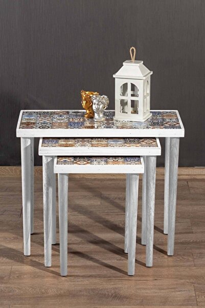 Resmo Esperanza 3lü Zigon Sehpa Masif Seramik Yan Sehpa Salon Mobilya