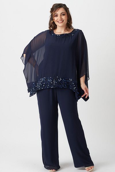 Moda Alba Set bluză cu pelerina și pantaloni cu talie elastică, albastru bleumarin