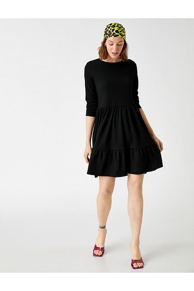Koton Layered Mini Dress Long Sleeve Crew Neck