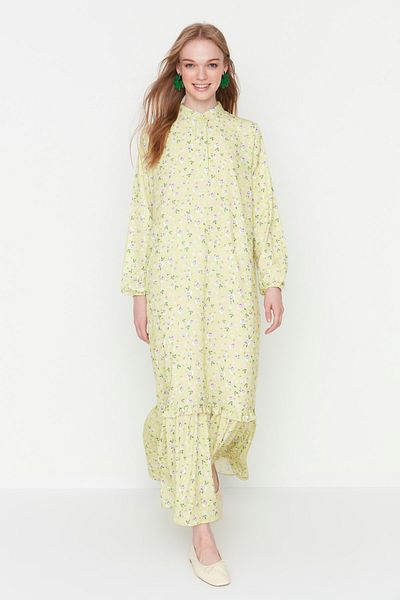 Trendyol Modest Světle žlutá květinová poloviční sukně Tkané šaty s volánkovou podšívkou TCTSS21EL3353