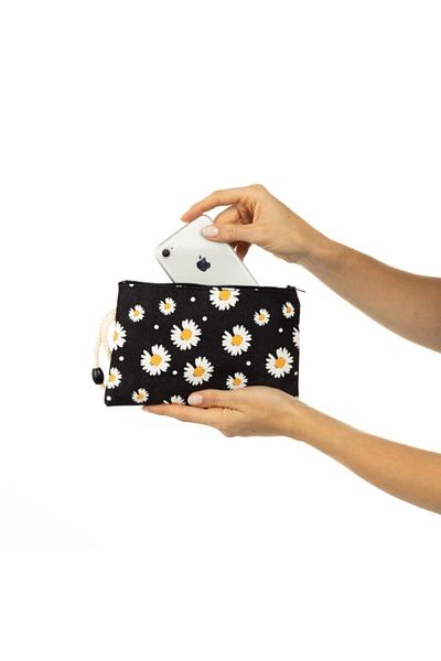 AlpCollection Black Daisy Printed Cloth Pen Holder Zippered Wallet Makeup Bag