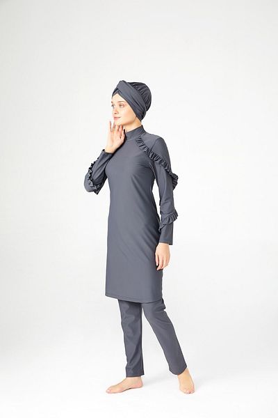 Adasea Σχέδιο βολάν Lycra Full Covered Hijab Μαγιό Ruffle 4104 Γκρι