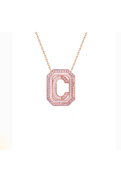 Alexander Atelier 925 Ayar Gümüş C Harfi Mineli Tasarım Kolye Rose Kaplama