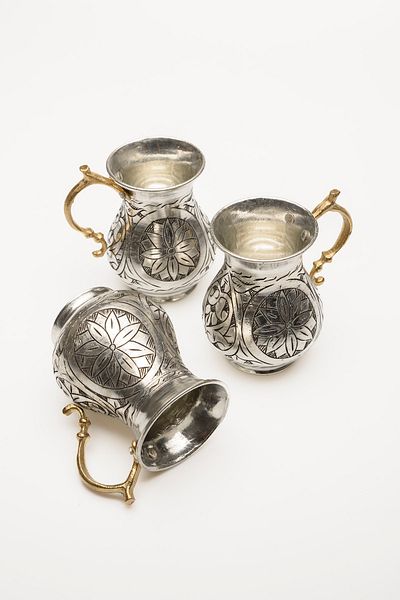 DMT COPPER HOME Dmt Gaziantep Copper Hand Embroidered 3 Piece Water & Buttermilk Cup Set Cup Soft Drink Set 1mm