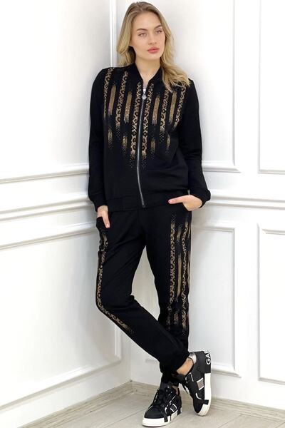 RICH GLAM Голям размер дамски комплект от памучен черен анцуг с две нишки с леопардови кристални камъни