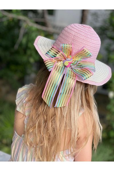 QUEEN AKSESUAR Luxury Metalic Bow Rainbow Unicorn Ornate Pink Straw Hat Children's Hat
