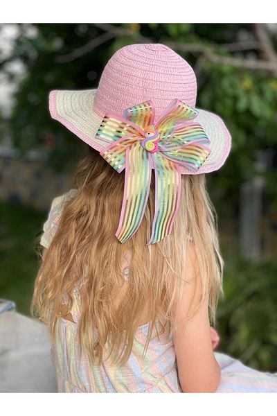 QUEEN AKSESUAR Luxury Metalic Bow Rainbow Unicorn Ornate Pink Straw Hat Children's Hat