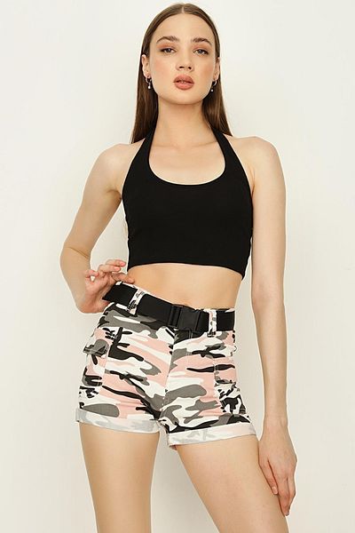 Select Moda Women's Pink Camouflage Patterned Belted Cargo Mini Shorts