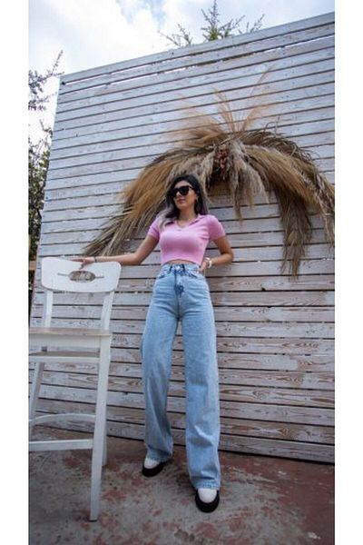 Livik Blugi Vanessa Blue Denim cu talie înaltă cu picioare late - Pantaloni casual