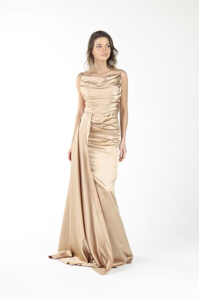 ALİS DRESS Yırtmaçlı Degaje Yaka Ip Askılı Saten Koyu Bej Abiye