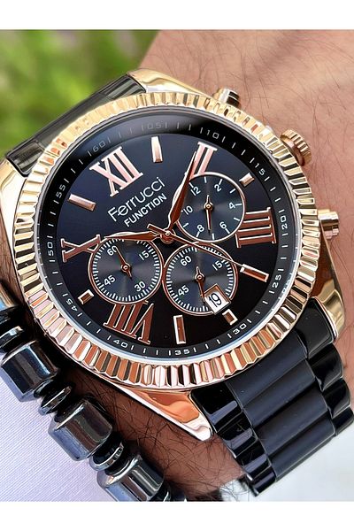 Ferrucci Black Rose Gold Color Functions Active Men's Wristwatch + Bracelet