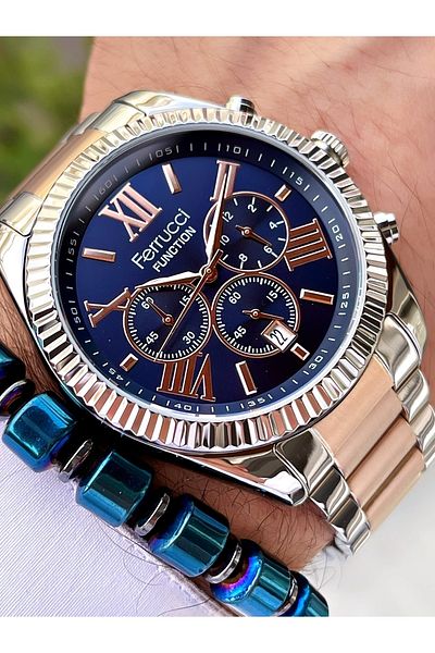 Ferrucci Rose Gold Silver Navy Blue Dial Functions Active Men's Wristwatch