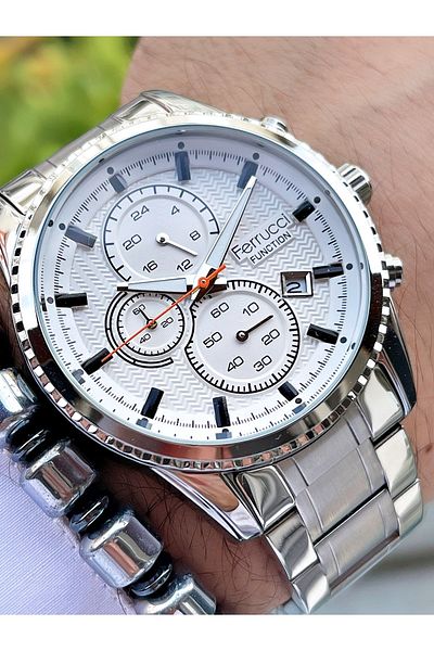 Ferrucci Silver Color Silver Dial Functions Active Men's Wristwatch with Bracelet Gift