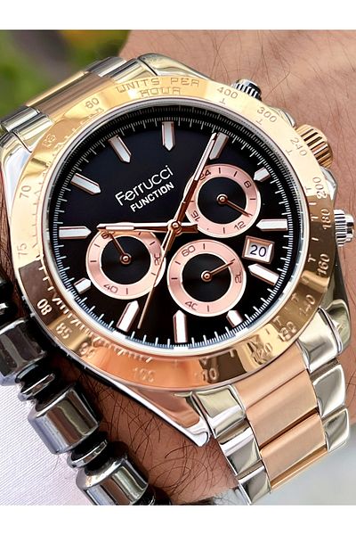 Ferrucci Rose Gold Silver Black Dial Functions Active Men's Wristwatch + Bracelet Gift