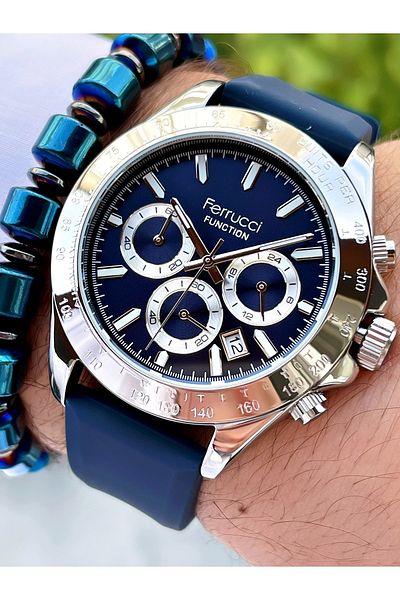 Ferrucci Navy Blue Color Silicone Strap Functional Men's Watch + Bracelet Gift