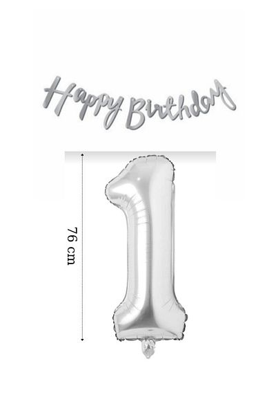 LOTUS PARTY 1 Year Old Birthday Set Silver Foil Balloon And Silver Happy Birthday Text