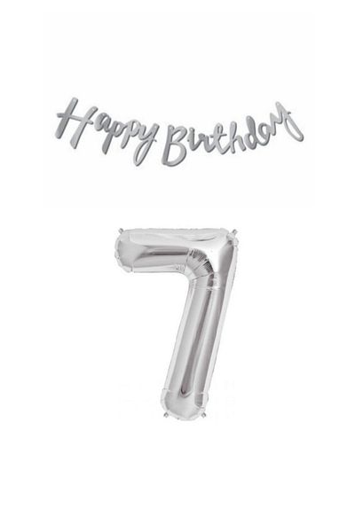 LOTUS PARTY 7 Year Old Birthday Set Silver Foil Balloon And Silver Happy Birthday Text