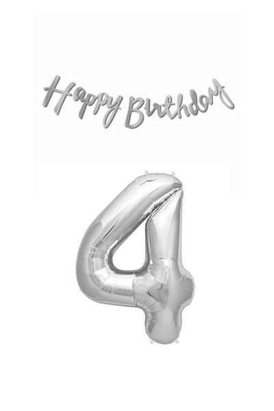 LOTUS PARTY 4 Year Old Birthday Set Silver Foil Balloon And Silver Happy Birthday Text