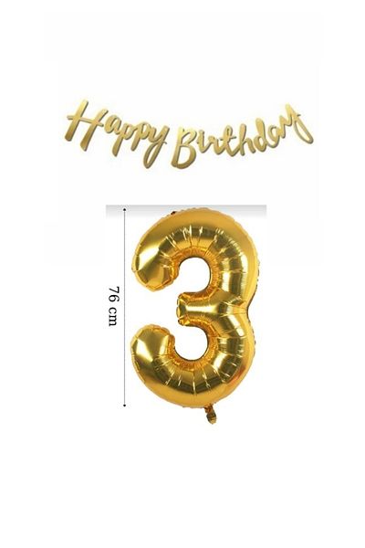 LOTUS PARTY 3 Year Old Birthday Set Gold Foil Balloon and Gold Happy Birrtday Text