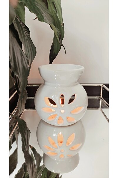 bona dea Lotus Motifli Beyaz El Yapımı Seramik Buhurdanlık Mumluk