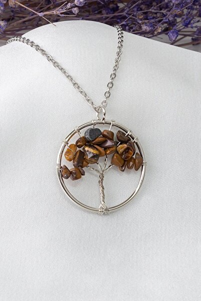 Dünya Doğal Taş Kaplan Gözü Taşı Hayat Ağacı Kolye