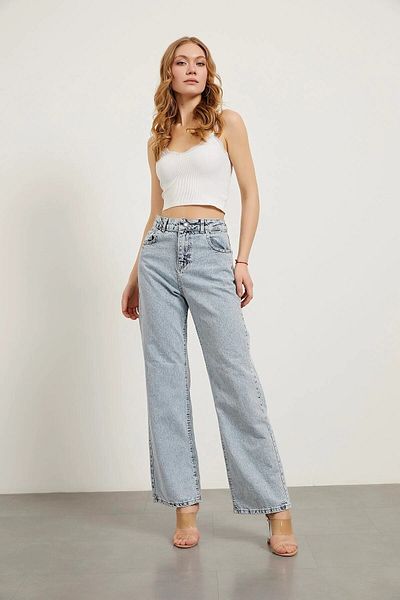 Livik Blugi de damă Halsey Blue Snow Wash, cu talie înaltă, cu picioare largi, din denim - Pantaloni largi