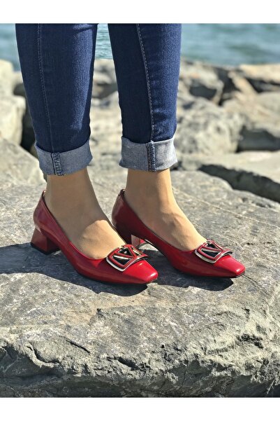 D&A İzland Shoes Kadın Kırmızı Chart Tokalı Şik Hakiki Derili Alçak Topuk Ayakkabı