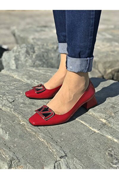 D&A İzland Shoes Kadın Kırmızı Chart Tokalı Şik Hakiki Derili Alçak Topuk Ayakkabı