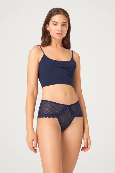 Cottonhill Women's Navy Blue Line Ruched Stone Detailed Hipster Panties