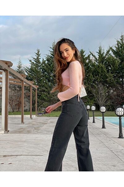 Livik Жіночі чорні джинси-палаццо з еластичною талією, широкими штанинами та ...