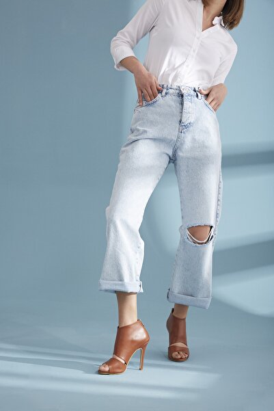 AYAKKABI PRENSİ 6466 Tan Matte 10 cm Women's Classic Heeled Shoes