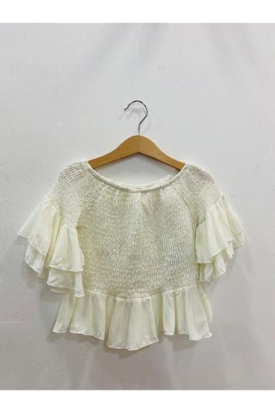 Çikoby Girl's Ecru Off-The-Shoulder Sleeves Ruffle Blouse