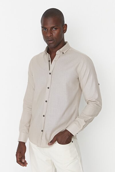 Trendyol Collection Mink Buttoned Collar Epaulettes Slim Fit 100% Cotton Shirt TMNSS20GO0189